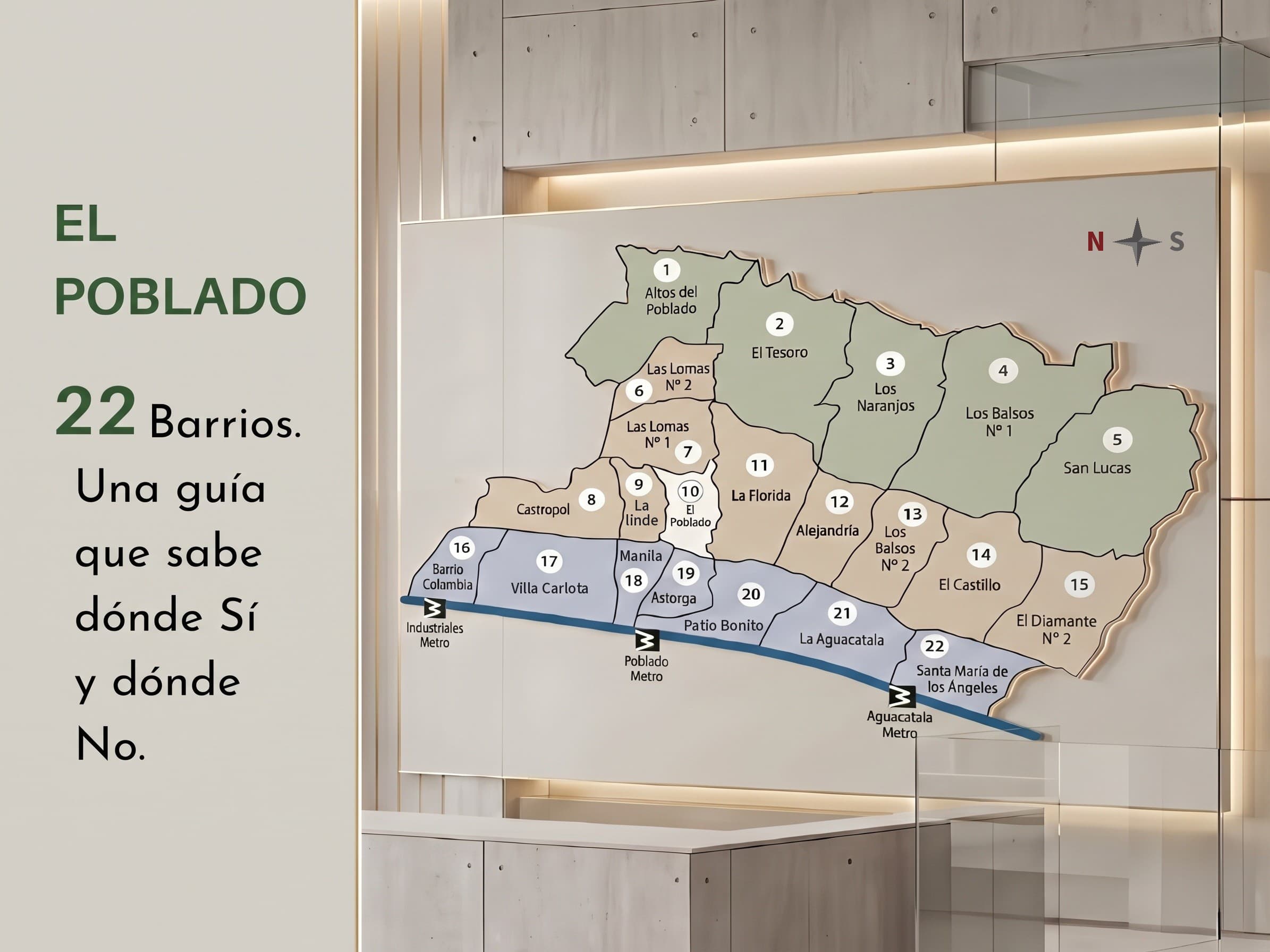 Mapa numerado de los 22 barrios de El Poblado